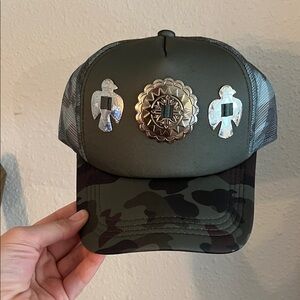 Green and Camouflage Trucker Hat with conchos
